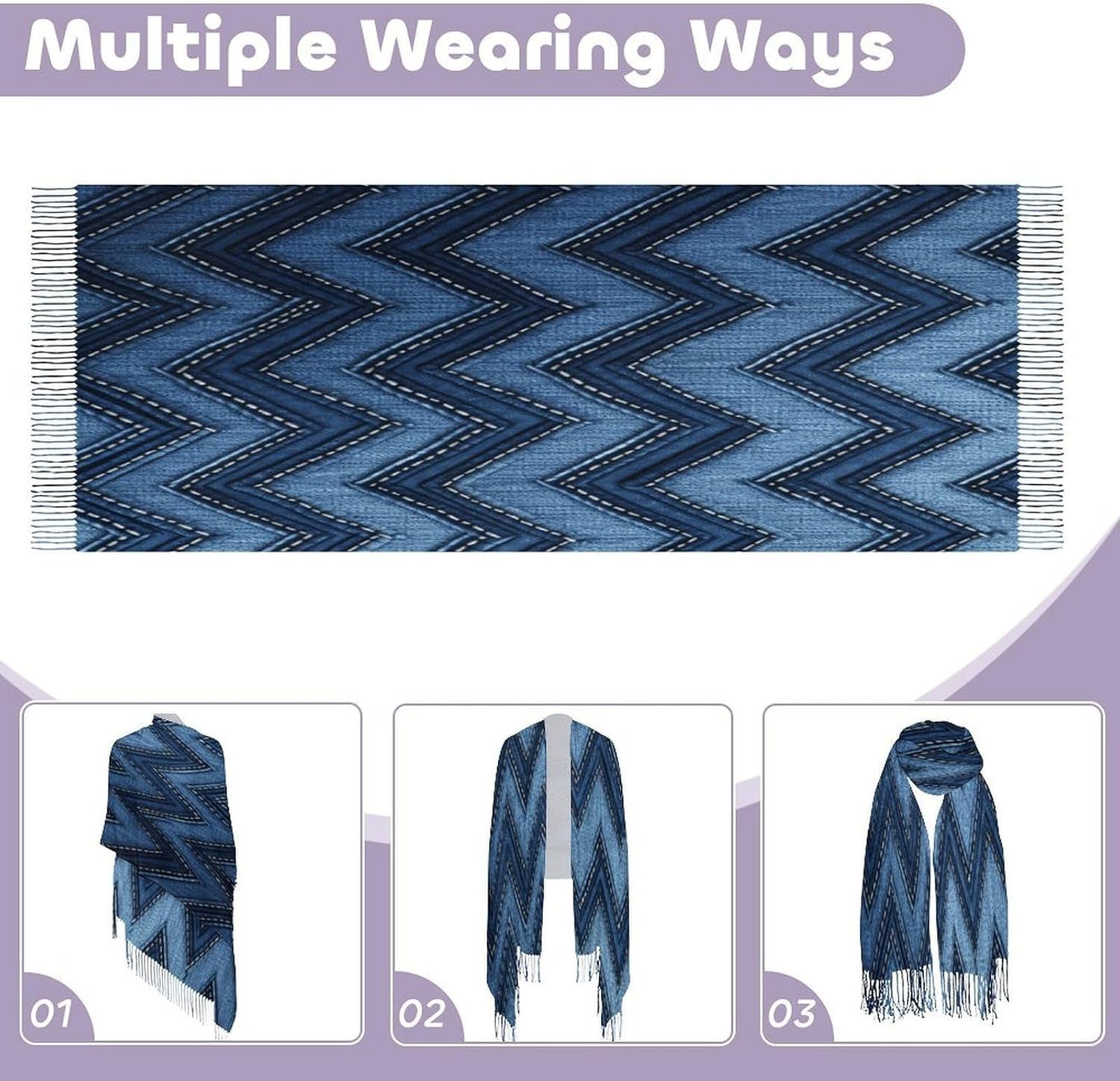 Gradient Blue Denim Scarf for Women Men Classic Fashion Blanket Scarves Soft Cashmere Feel Scarf Cold Weather Warm Long Shawl Winter Large Scarves Classic Blanket Scarfs Thick