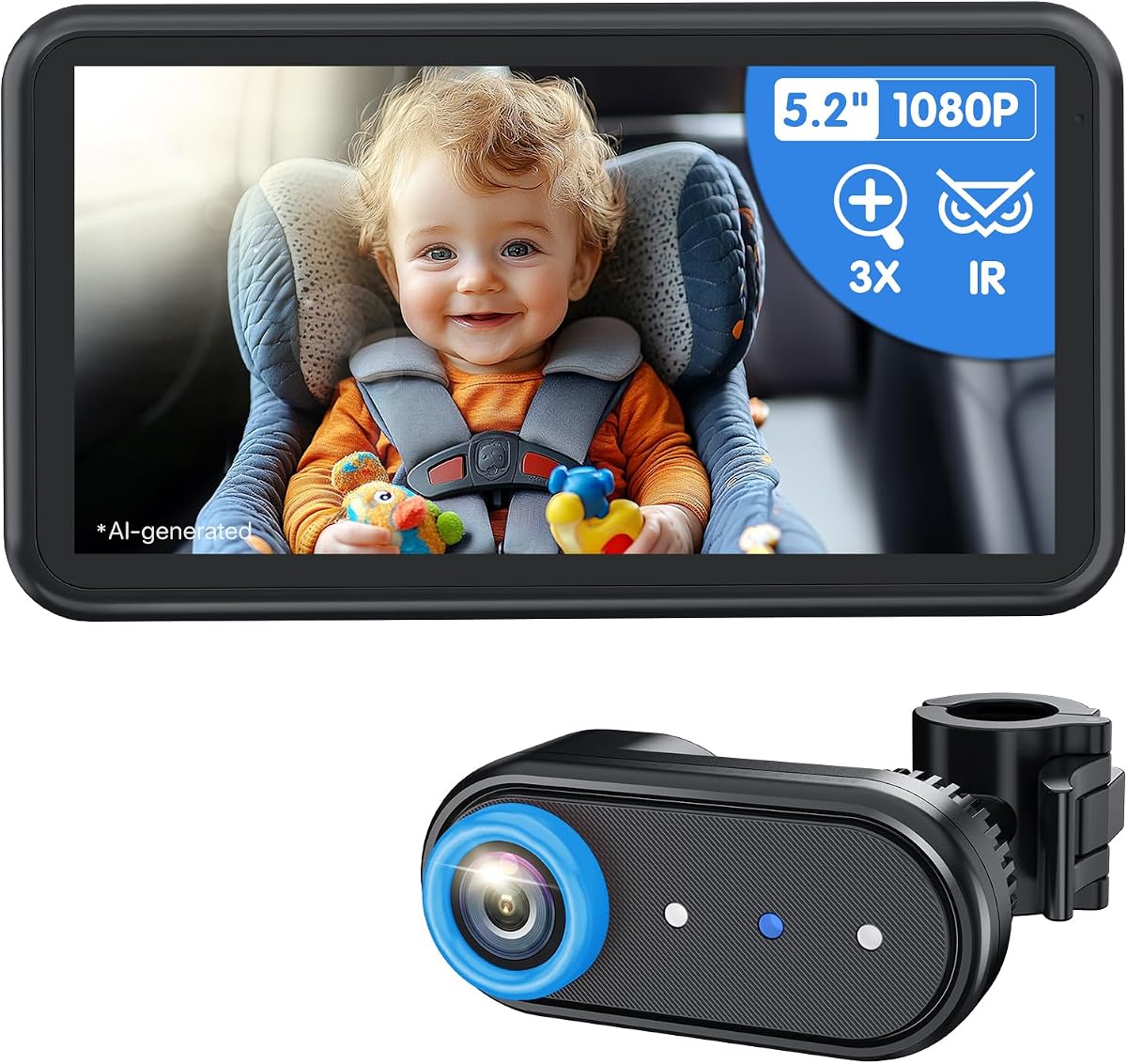Baby Car Camera Monitor 1080P HD 3X Zoom for Rear-Facing | Wide Angle Display, Auto IR Night Vision 5.2" for Kid & Pet Safety, USB Easy Install for New Parents (Blue)