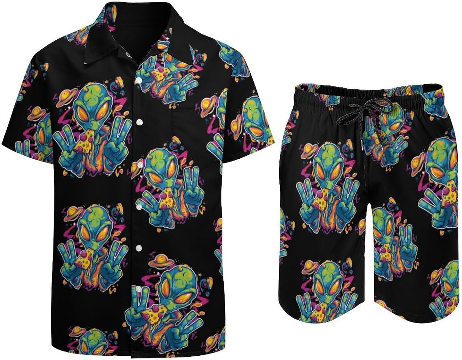 Aliens Pizza Lover Summer Mens Vacation Outfits Beach Shirts Shorts Matching Set