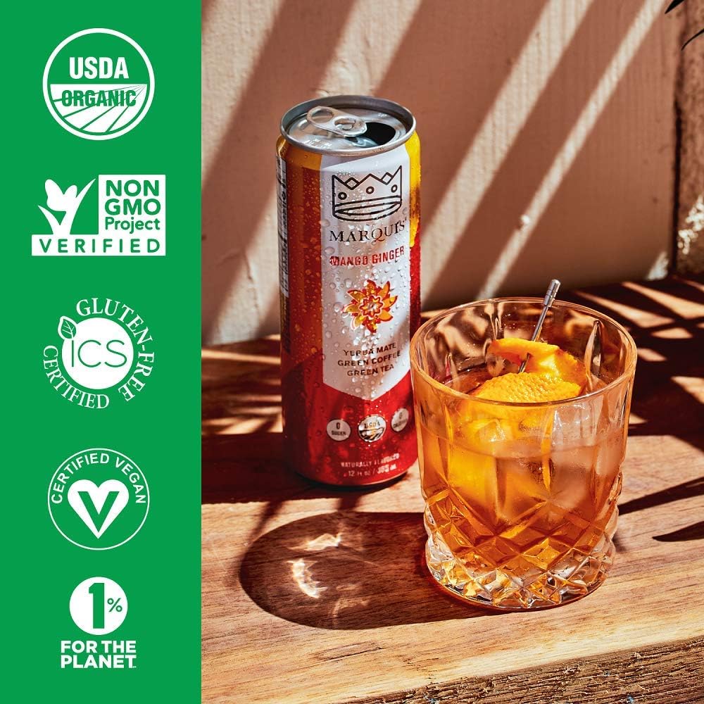 Organic Green Tea + Yerba Mate Drink by Marquis |Antioxidant Infused Sparkling Beverage | Zero Sugars, Zero Calories | Mango Ginger Flavor Super Tea | Pack of 12 (12 oz Cans)