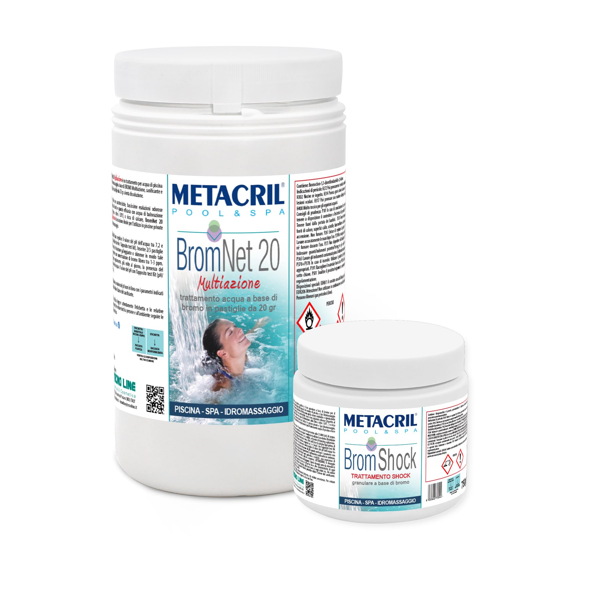Metacril SET BromNet 20 Multiazione past. 20gr 1Kg + BromShock Granu 750gr | Bromo Multiazione in Pastiglie da 20gr e Brom Shock Granulare Attivatore per Piscina e Spa Idromassaggio