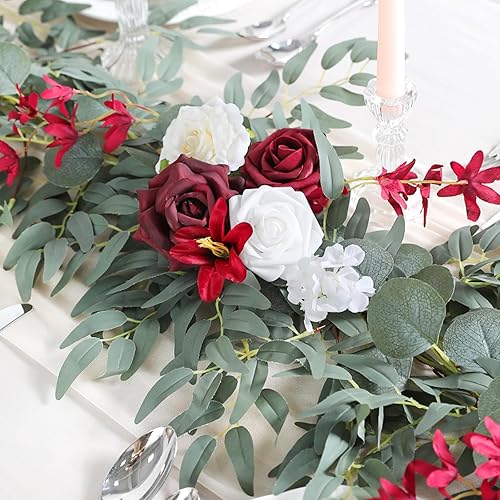Miniatura 6 de Guirnalda de eucalipto artificial con flores, flores burdeos de 6 pies, guirnalda de mesa de boda, hecha a mano, centros de mesa de boda, centros de