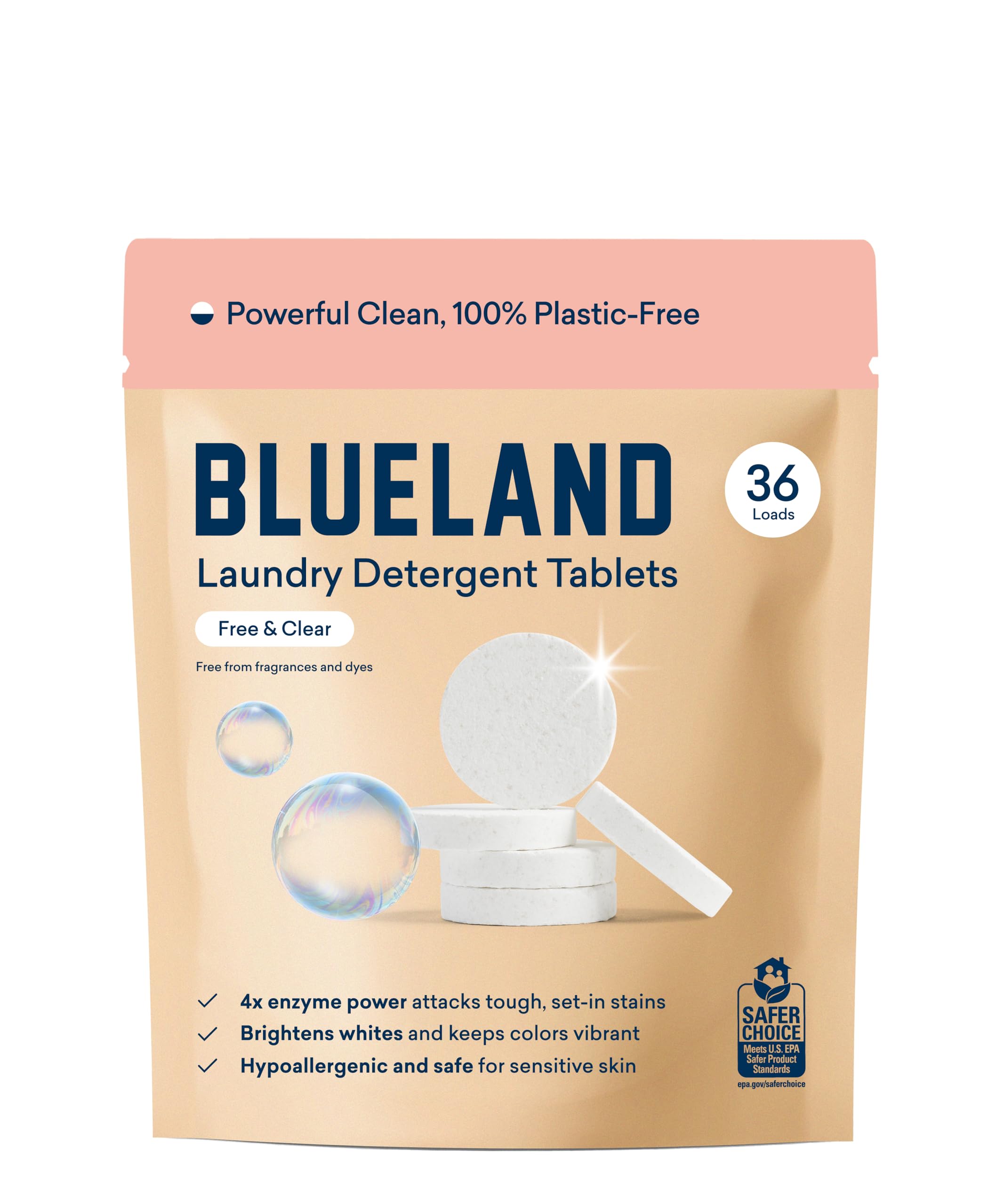 BLUELAND Laundry Detergent Tablets, 36 Count, Plastic-Free Eco-Friendly Pods, Sheets, Liquid Alternative - Fragrance Free and Clear, Natural, Gentle