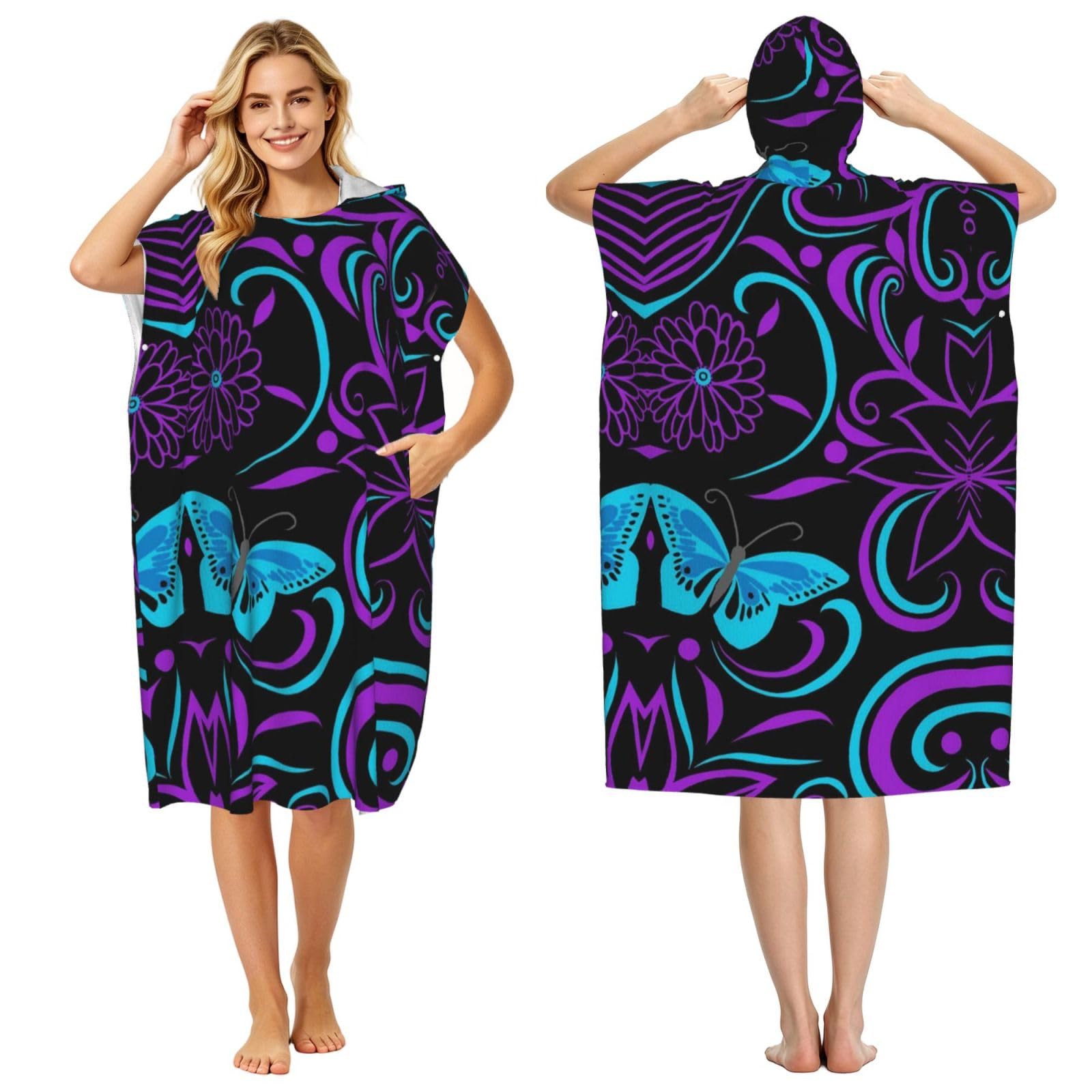 Poncho à capuche en microfibre imprimé papillon pour le bain adulte