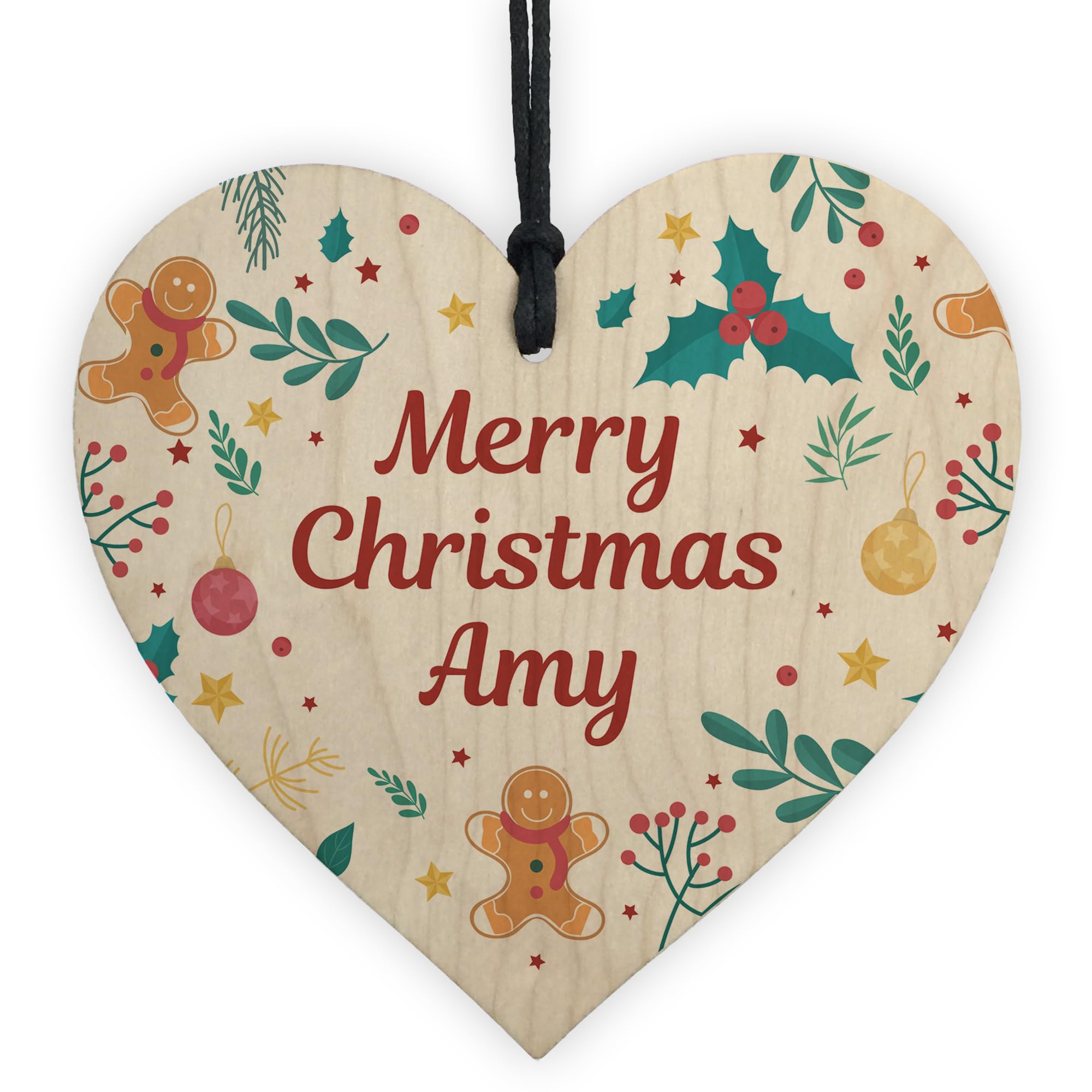 Red Ocean Merry Christmas Personalised Friends Family Colleagues Gift Wooden Heart Decoration, Secret Santa Gifts For Colleagues Friends, Personalised Gift Tag For Son Daughter Mum Dad (Design 9)