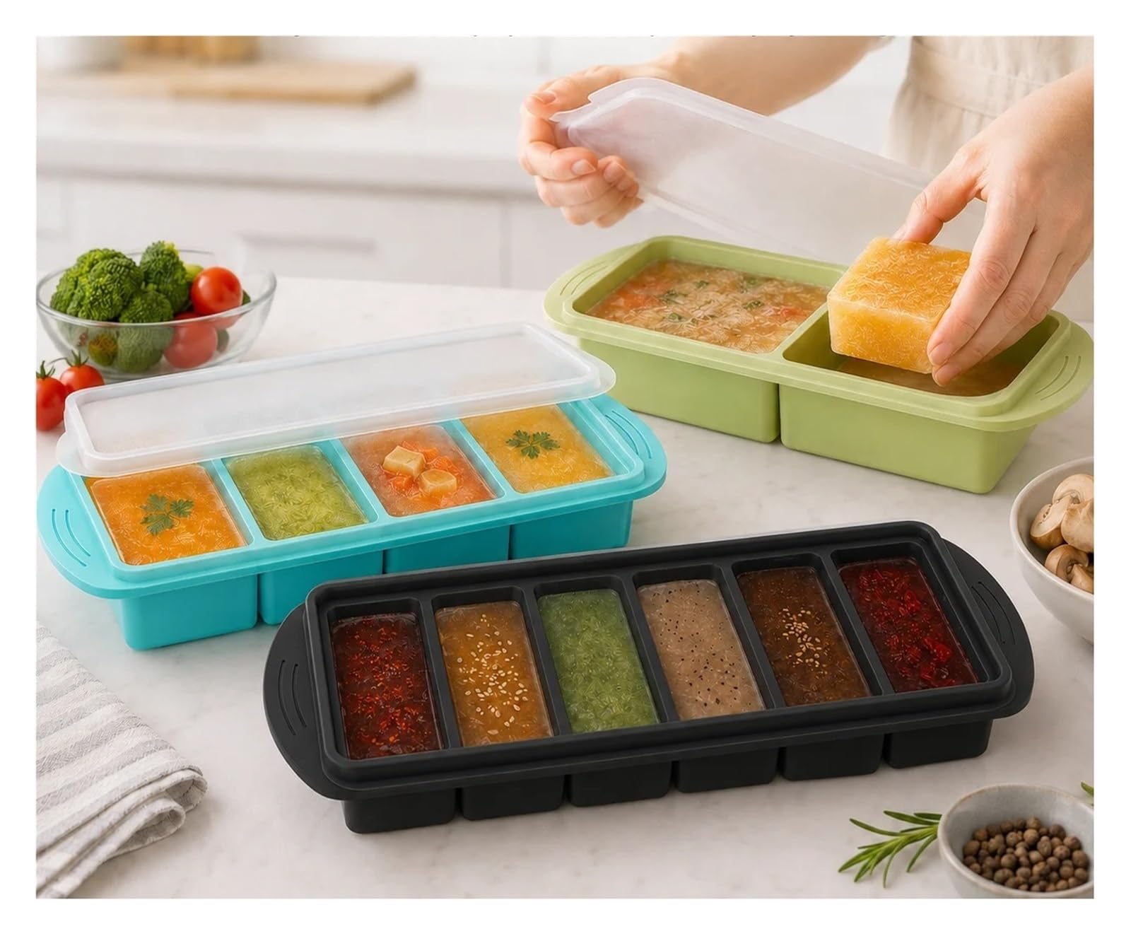 Große Silikon-Eiswürfelformen mit Deckel, 3er-Pack(3 Pack Green)