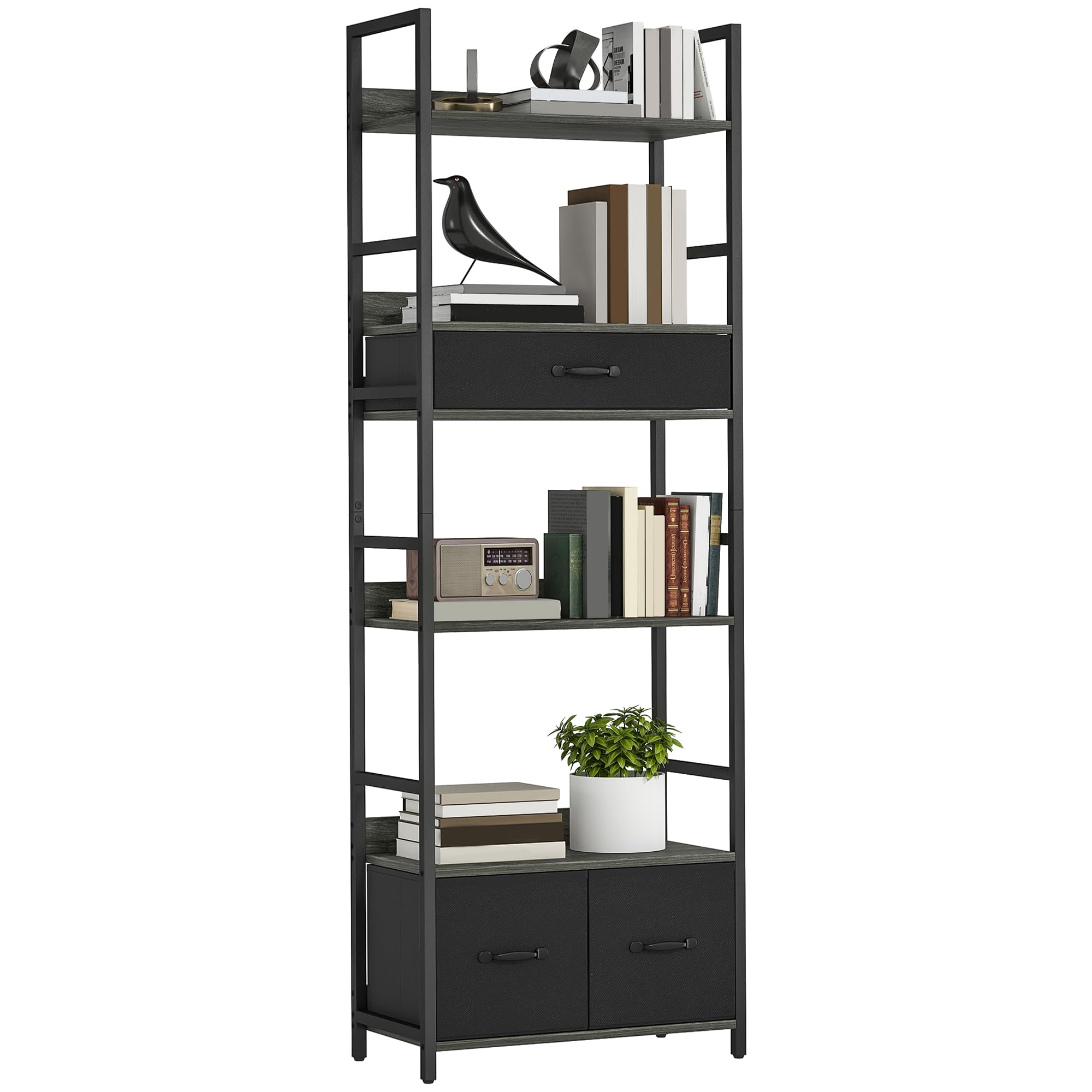 Homcom Industrial Bookshelf With 4 Shelves And 3 Fabric Drawers Grey
