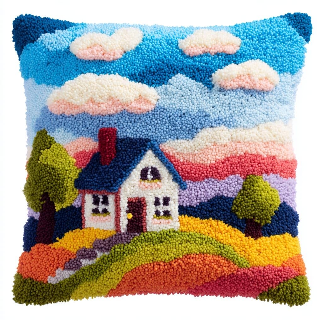 WallustrioaW DIY Rug Cushion kit,Cartoon House in the Forest,Beginner Latch Hook kit - Therapeutic Craft for Adults - Pre-gridded Latch Canvas - Mothers Day Handmade Gift,17x17in