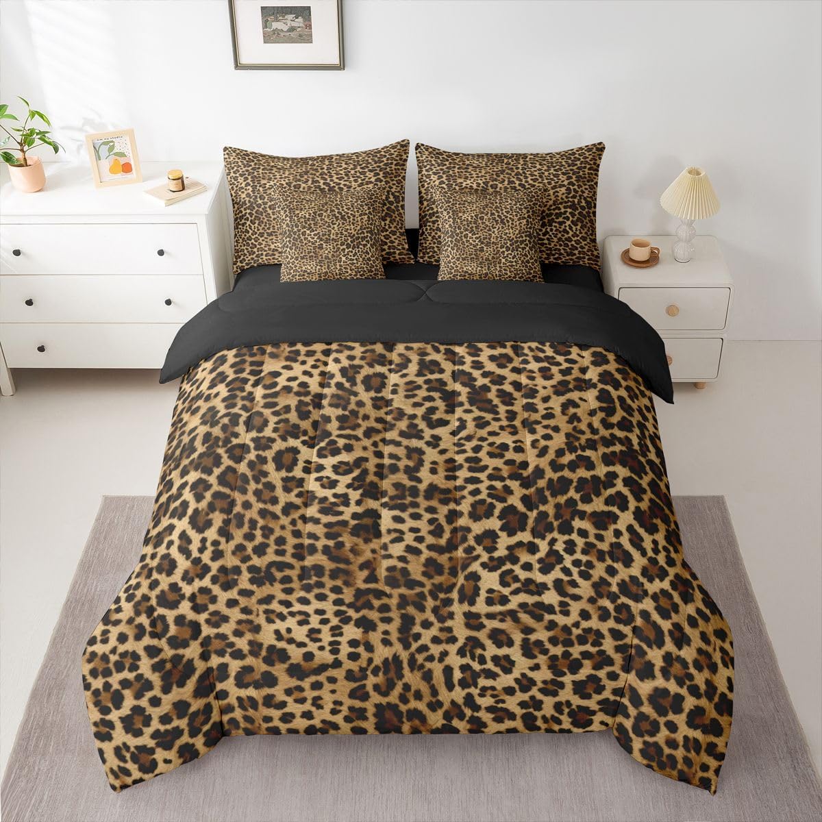 Feelyou Leopard Print Comforter Set with Sheets 7 Piece Queen Size Cheetah Fur Bed in a Bag Kids Boys Girls Animal Print Bedding Set Wild Animal Skin Texture Breathable Soft Microfiber