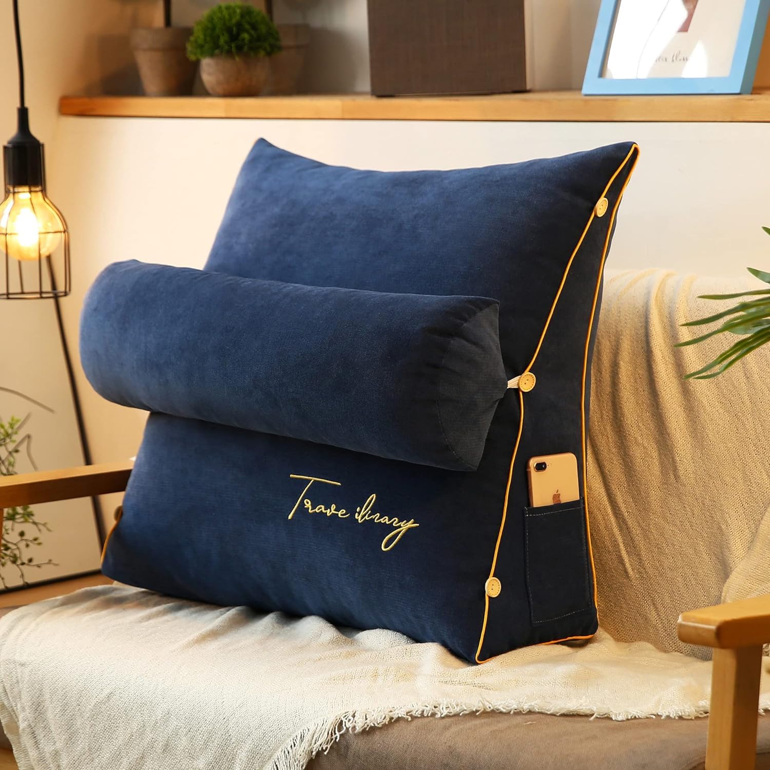 Wcpqt D Soli Color Embroidere Triangle Reading Pillow, Sofa Waist Cushion Wedge Backrest Pillow, Back Support Adjustable Back Wedge Cushion Sofa Pillow