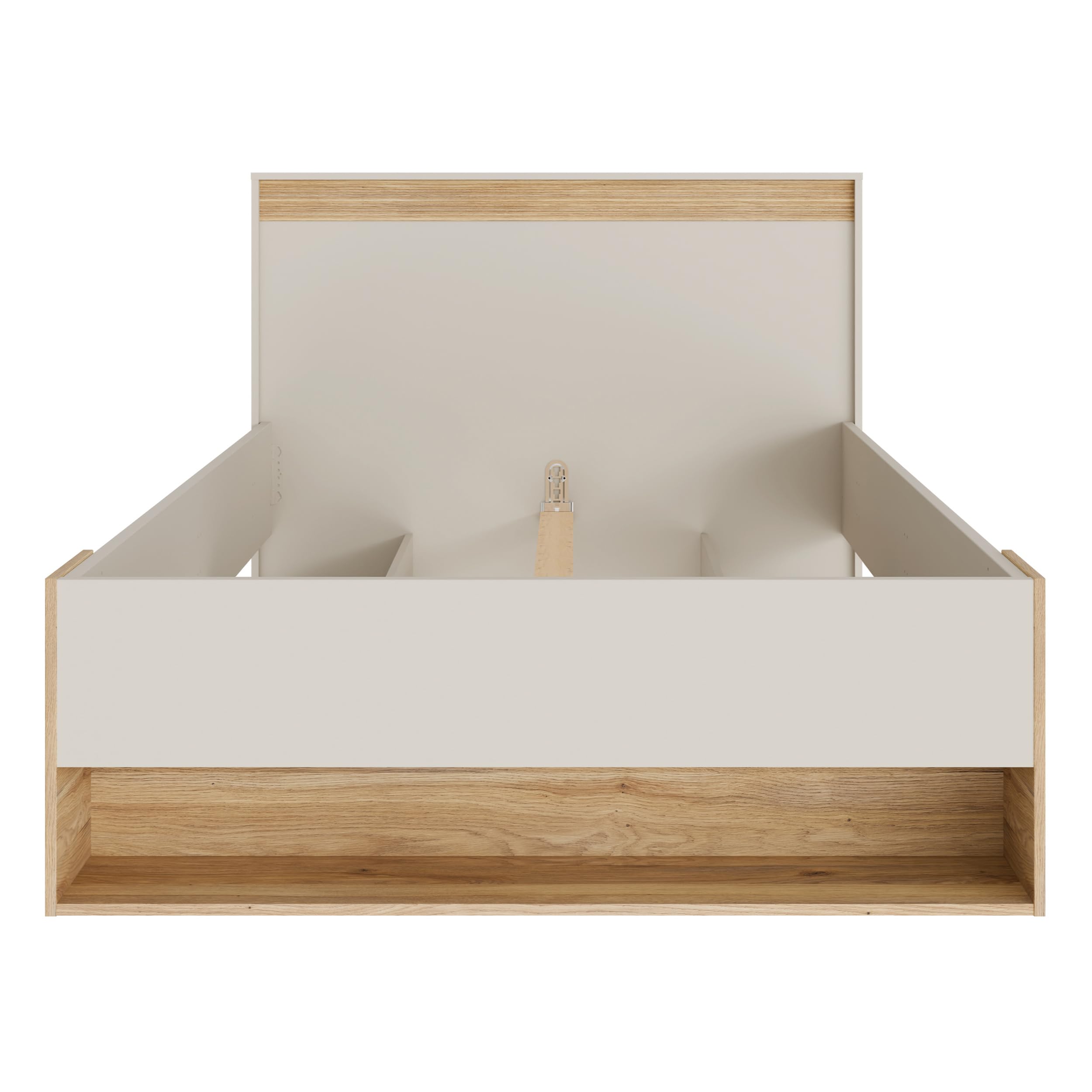 Forte WEXLIN Bettgestell, Liegefläche 120 x 200 cm, modernes Bett mit Schublade und Regal, Kinder- und Jugendzimmer,Kaschmir|Beige|Mauvella Eiche Holzdekor, 130 cm breit x 96,3 cm hoch x 210,8 cm tief