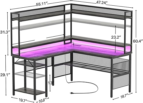Miniatura 2 de Unikito Escritorio para juegos en forma de L con luz LED, escritorio reversible para computadora con estantes de almacenamiento y soporte para