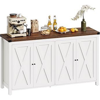 DWVO 55'' Sideboard Buffet Cabinet with Storage, Farmhouse Kitchen Storage Cabinet with 4 Doors, Large Coffee Bar Cabinets with Adjustable Shelves for Kitchen, Living Room, Brown