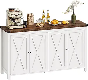 DWVO 55'' Sideboard Buffet Cabinet with Storage, Farmhouse Kitchen Storage Cabinet with 4 Doors, Coffee Bar Cabinets with Adjustable Shelves for Kitchen, Living Room, White&Brown