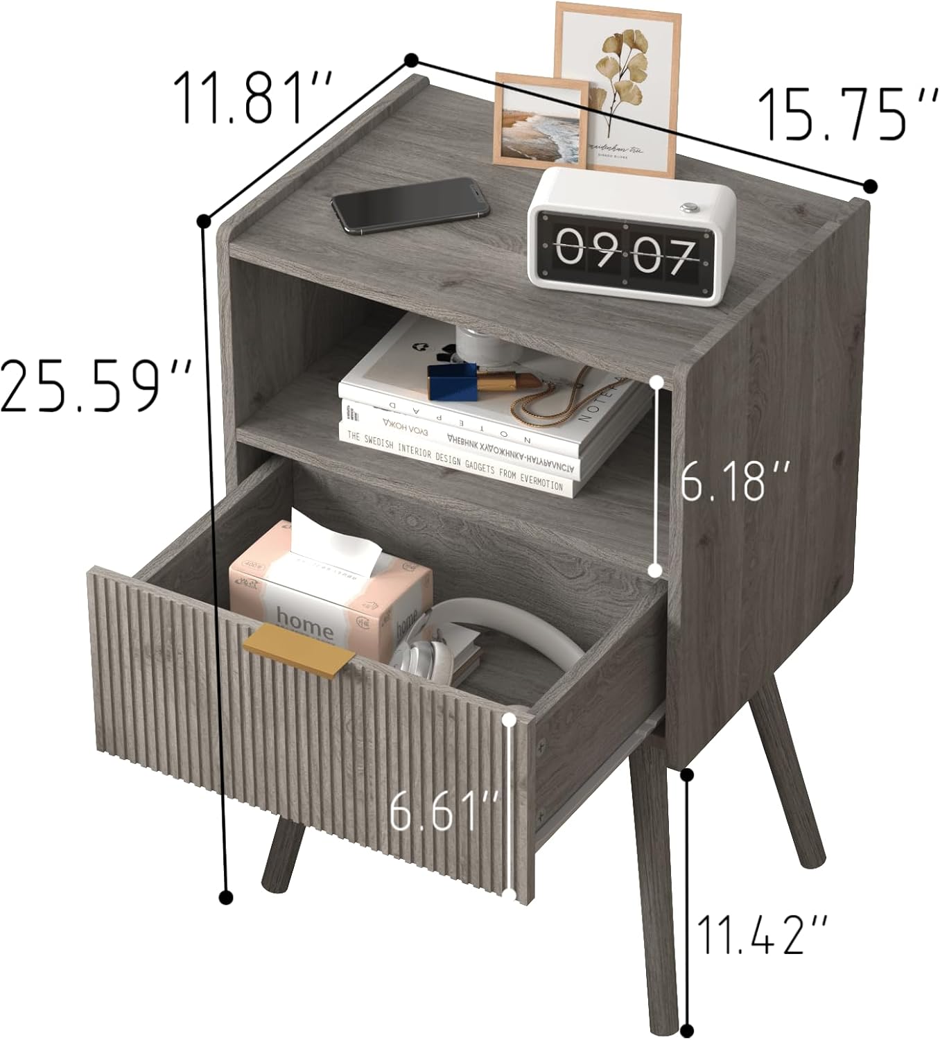 nightstand,modern bedside table with storage drawer and open wood shelf, for living room, bedroom and small spaces, accent night stand with solid wood legs, easy assembly,grey oak