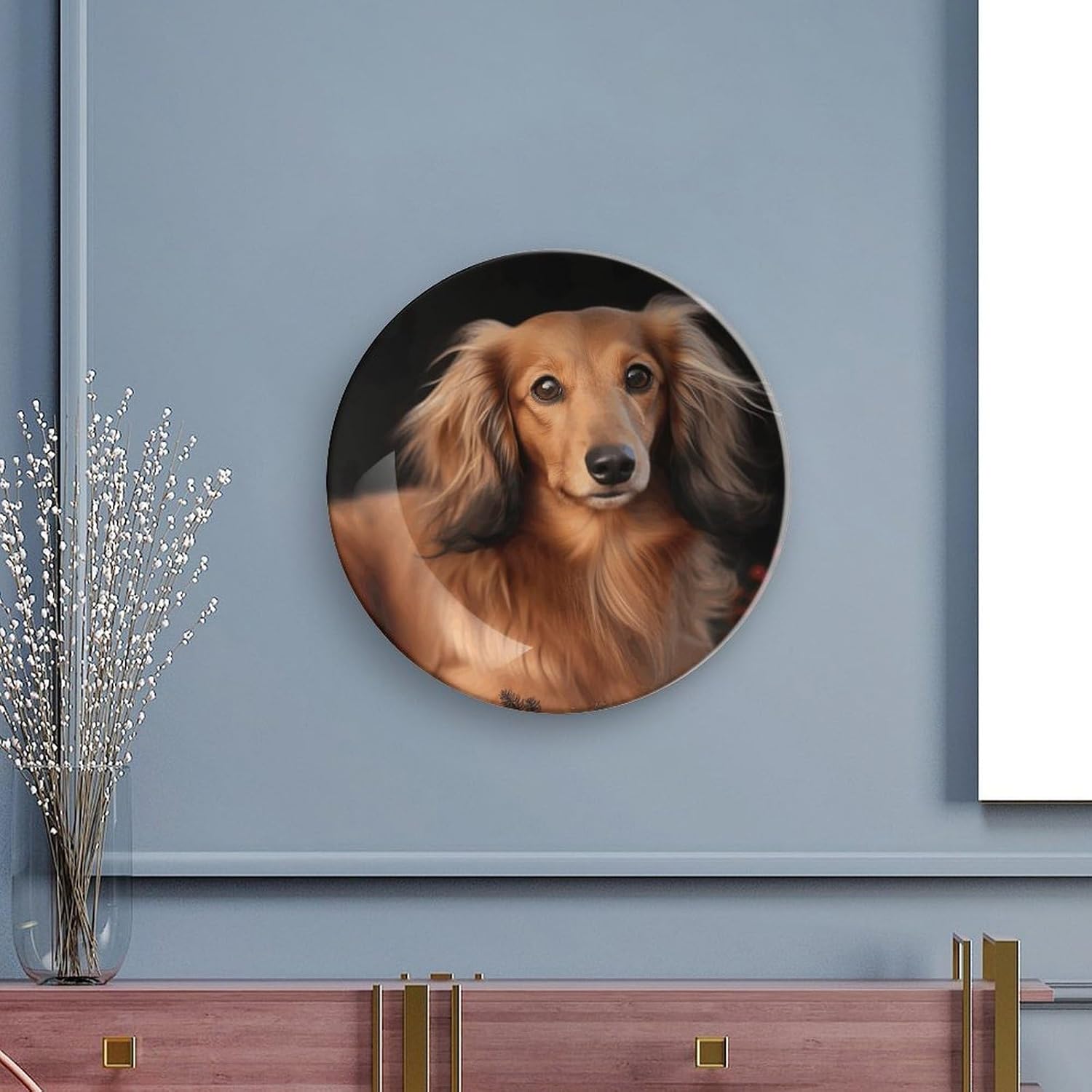 Long Haired Dachshund Decorative Plates with Stand Personalized Bone China Decorative Plate Ceramic Dinner Plate for Kitchen Dining Room Home Gift Hanging Decorative Plate