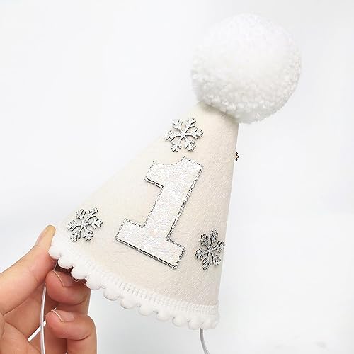 Miniatura 7 de Sombrero de fiesta de 1er cumpleaños con diseño de copo de nieve de un año, decoración de primer cumpleaños de invierno, sombrero de primer