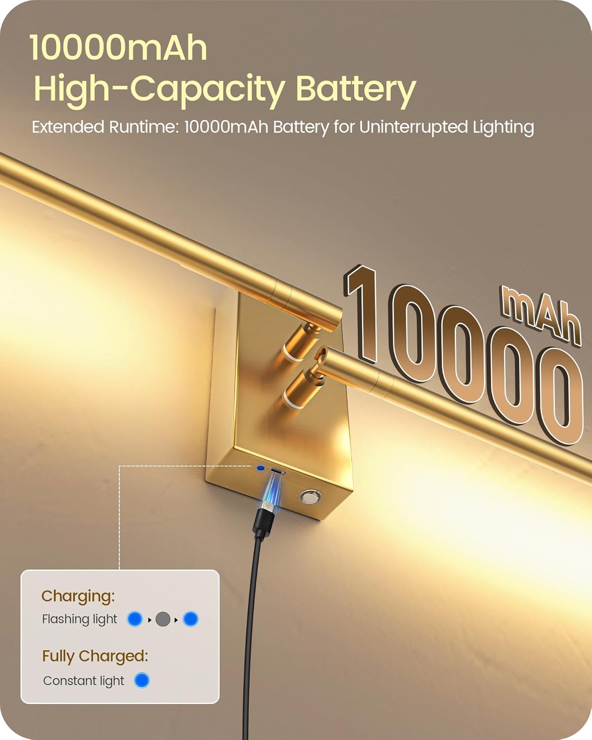 38.6" Wireless Battery Operated Wall Sconces Set of Two,Rechargeable Lamp with Remote, DIY Rotation, 10000mAh Battery, Touch Dimmable Lights for Living Room Hallway Bedroom, Gold D08YBP205