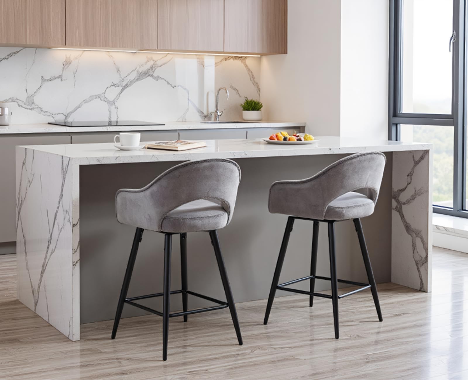 chairus Set di 2 Sgabelli da Bar in Velluto Sgabelli Cucina Sgabelli Alti Sgabello Girevole con Gambe in Metallo per Bancone/Cucina, Grigio
