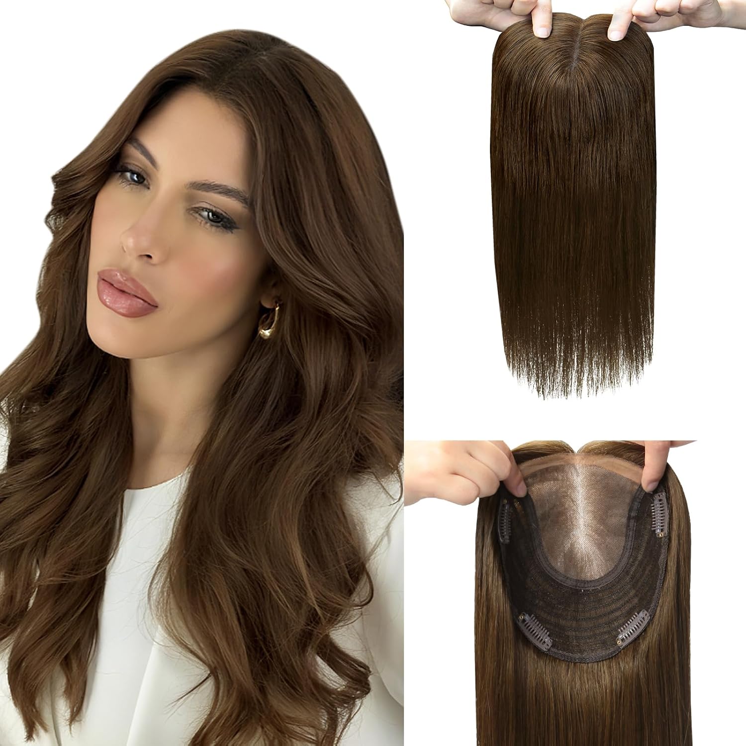 Hair Toppers for Women Real Human Hair 6x7inch 55g Large Base Chocolate Brown 12inch Hair Pieces for Women with Thinning 360°Cover Clip In Extensions Topper Add Volume (#4Toppers-12inch)