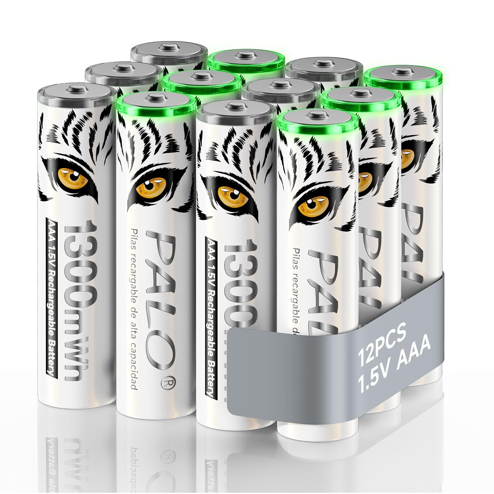 Pilas Litio AAA Recargables 1.5V 1300mWh, Pilas AAA de Carga rápida con Estampado de Tigre, Baja autodescarga con luz de Carga, 1500+ ciclos, batería de 12 Piezas con Caja de batería