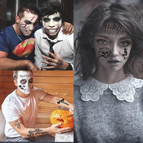 Miniatura 7 de 16 hojas de tatuajes de Joker, tatuajes de Harley Quinn, tatuajes para escuadrón suicida perfectos para Halloween, disfraces, accesorios de Harley