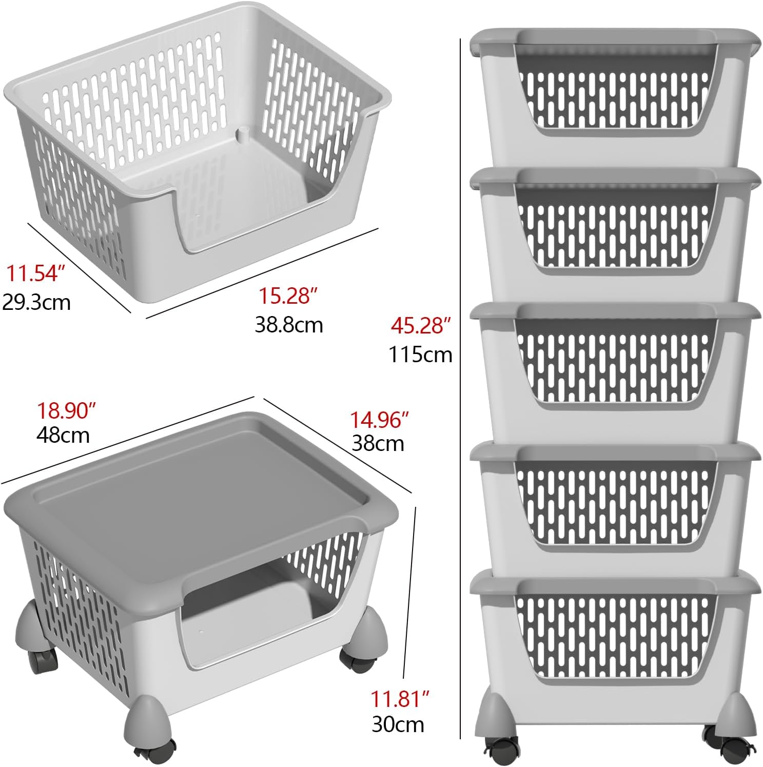5 Tier Plastic Large Stackable Basket Cart with Wheels, Plastic Stacking Container Bin, Utility Rack for Kitchen, Pantry, Bathroom, Garage