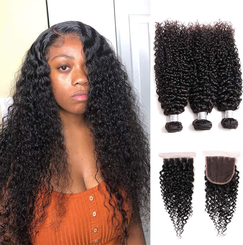 Brazilian Kinky Curly Bundles With Closure Brazilian Deep Curly Virgin Hair With Lace Closure Human Hair Weave With Closure (22 24 26 +20 )