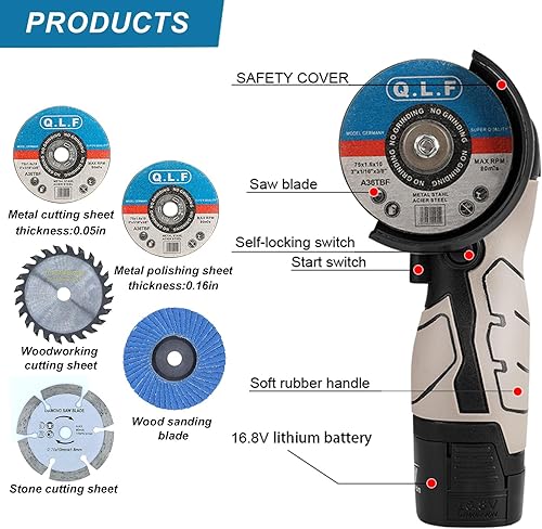 Miniatura 18 de Kit de amoladora angular inalámbrica sin escobillas, mini herramienta de molienda angular eléctrica de 19500 rpm con batería de 2 x 16.8 V 2000 mAh