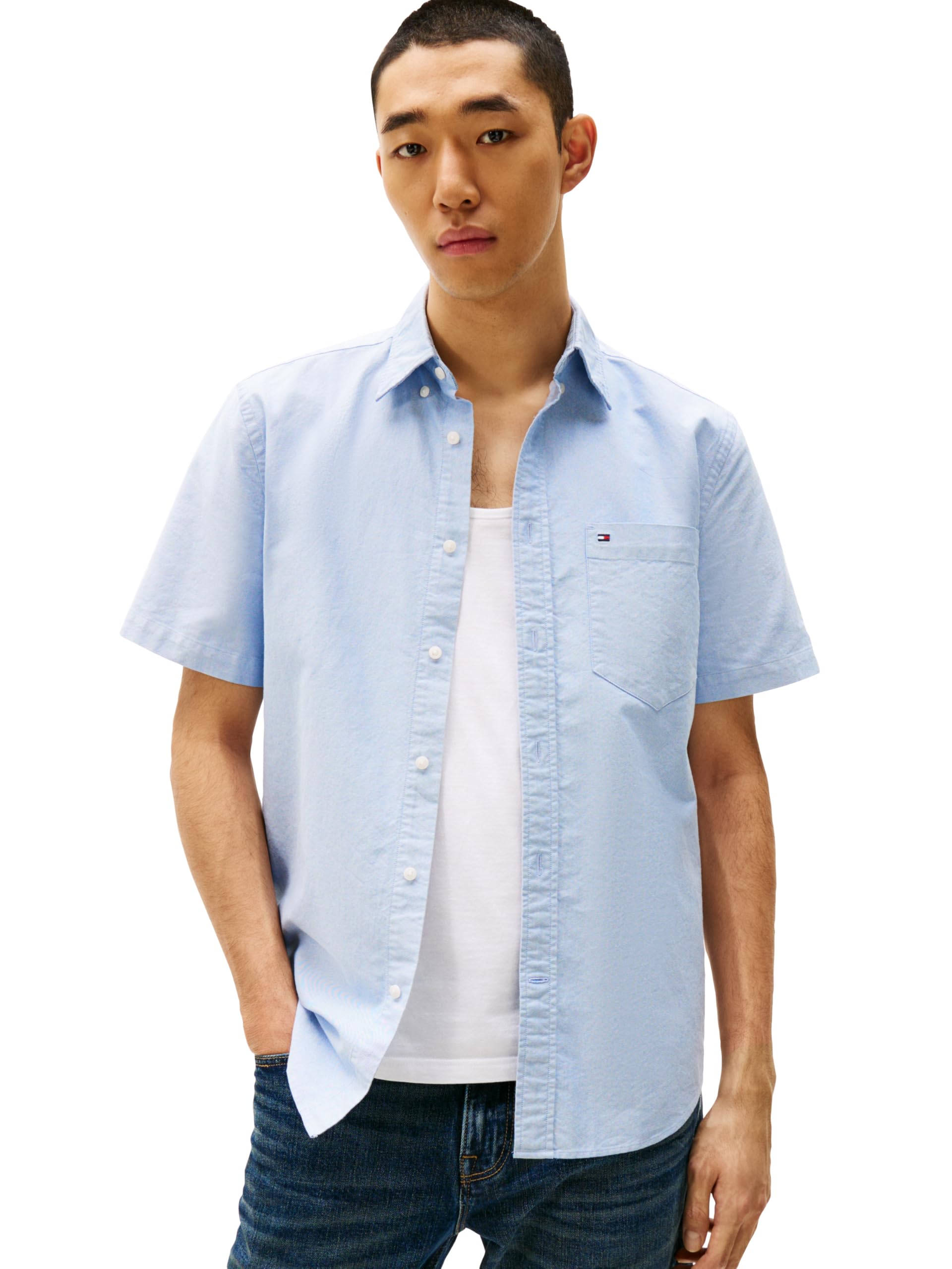 Tommy Hilfiger Short Sleeve Oxford Regular Fit, Men's Button Down Shirts, Shirt Blue, Medium