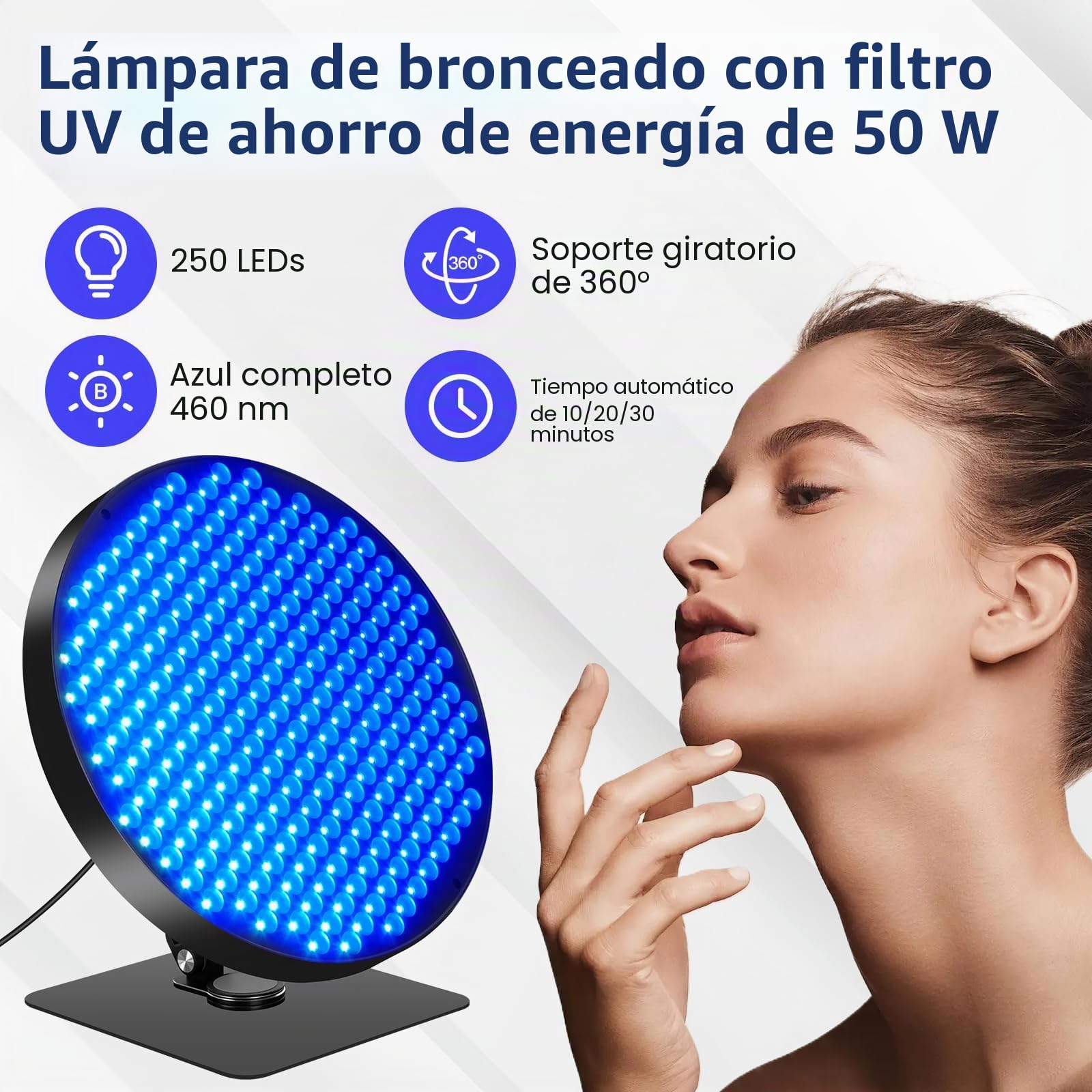 Lámpara de Bronceado 50W 250 LEDs para Hogar, Facial y Cuerpo con Temporizador, Gafas Protectoras y Soporte, Negro