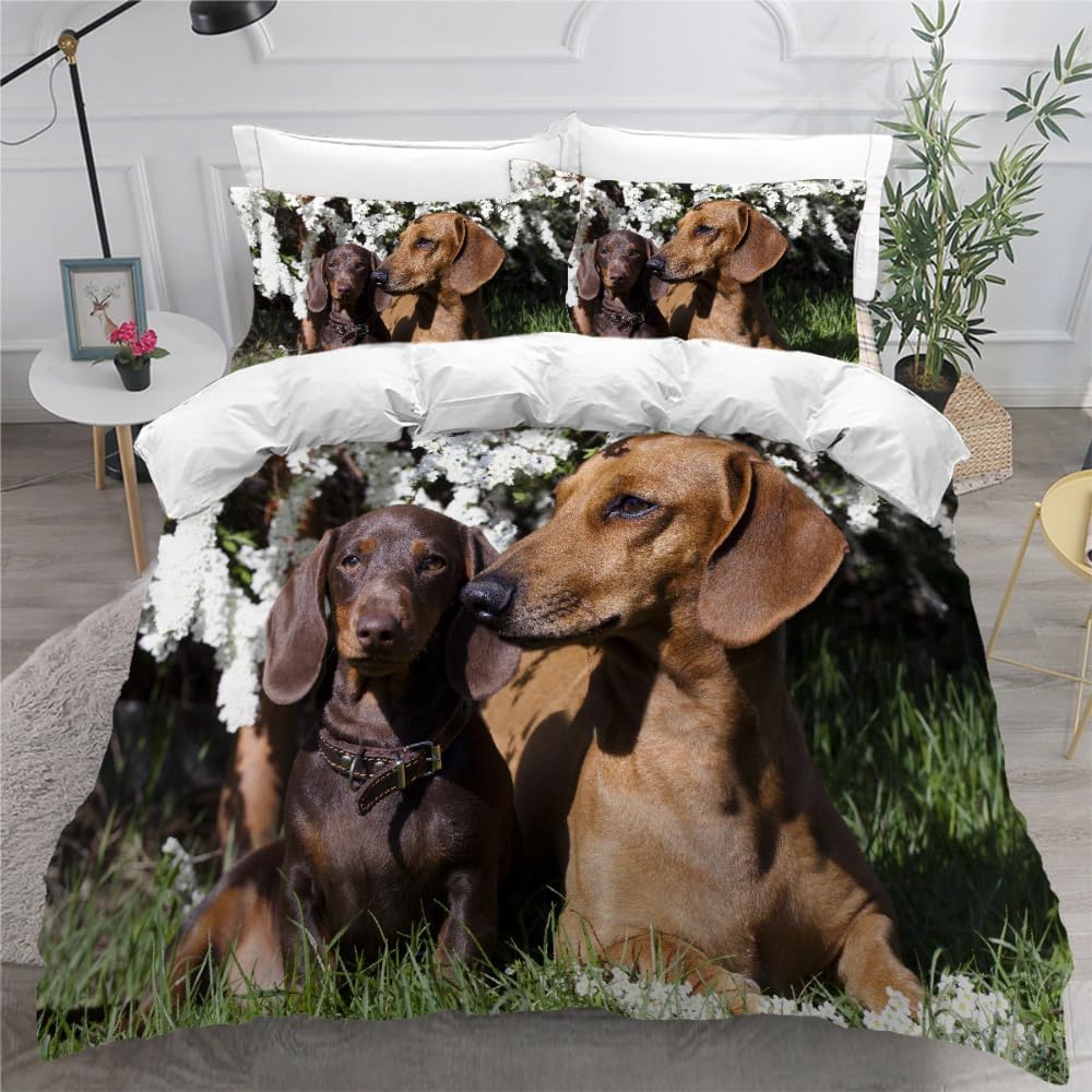 Funda Nordica Cama 105 Juvenil Dachshund Funda Edredon 200x200 Perro Mascota 3D Fundas de Edredón Microfibra Suave Ropa de Cama de 3 Piezas con Cremallera y 2 Fundas de Almohada K-1307