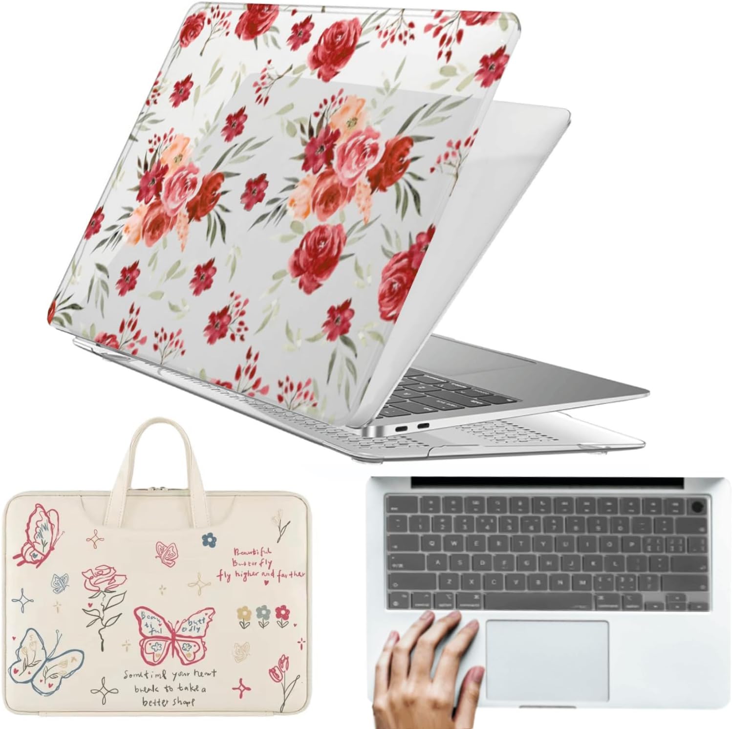 Hard Shell for MacBook Air 15 inch Case M4 M3 M2 2025 2024 2023 A2941 A3114 A3241,Sturdy Protective Laptop Case & Sleeve Bag & Keyboard Cover for Mac Air 15.3,Elegant Rose