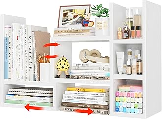 NUTIKAS Desk Shelves Desktop Orgnizer Shlef - White Office Organization for Top of Desk Organizers and Accessories Corner Bookshelf Table Top Shelving Small Hutch Decorations for Women Office