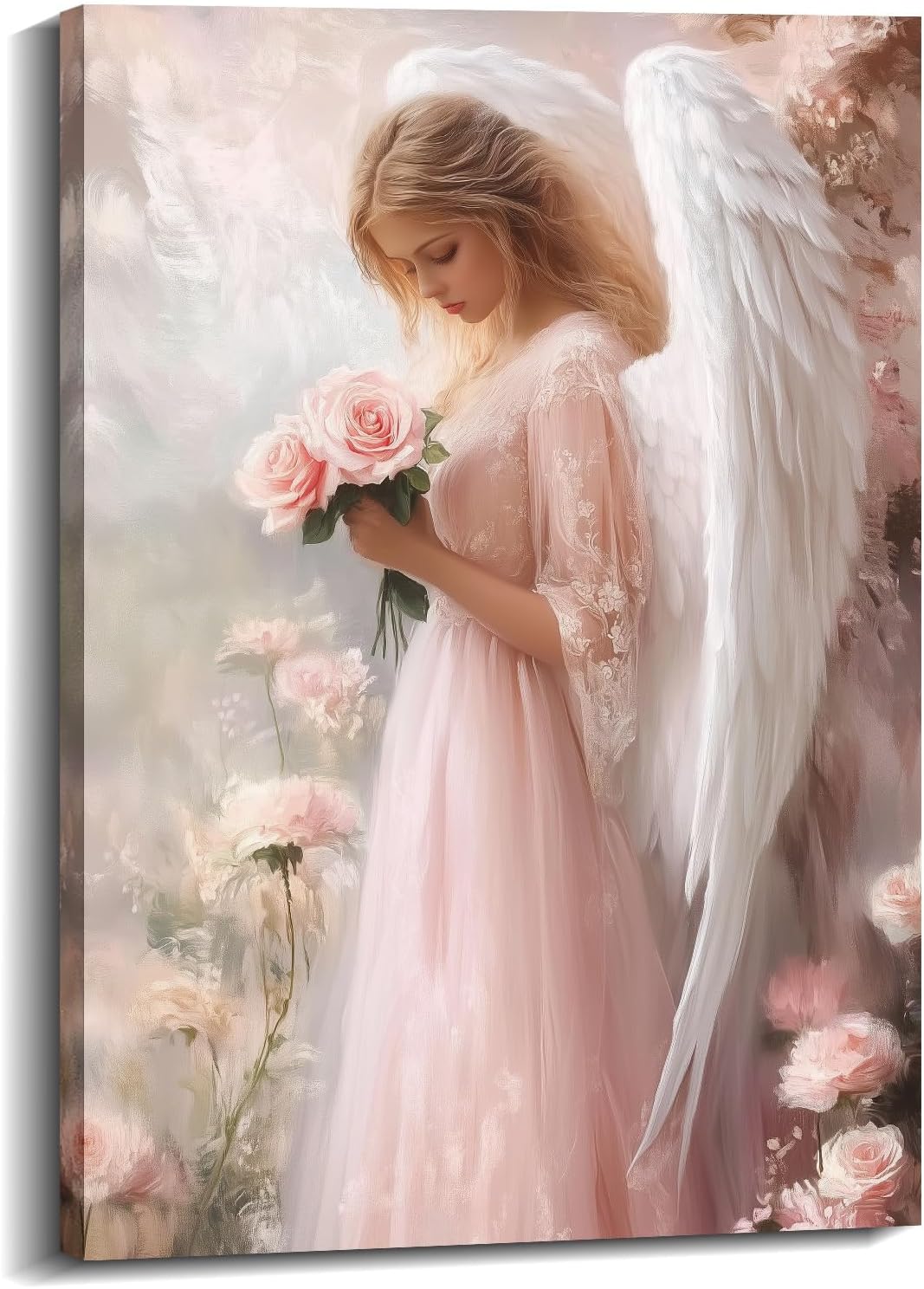 Angel Canvas Wall Art White Wings Picture Girl with Flower Posters Pink Prints for Living Room Bedroom Home Office Decor Framed(12.00x18.00 inch)