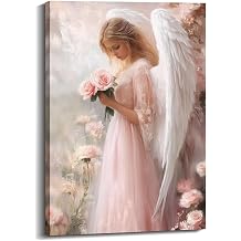 Angel Canvas Wall Art White Wings Picture Girl with Flower Posters Pink Prints for Living Room Bedroom Home Office Decor Framed16.00x24.00 inch