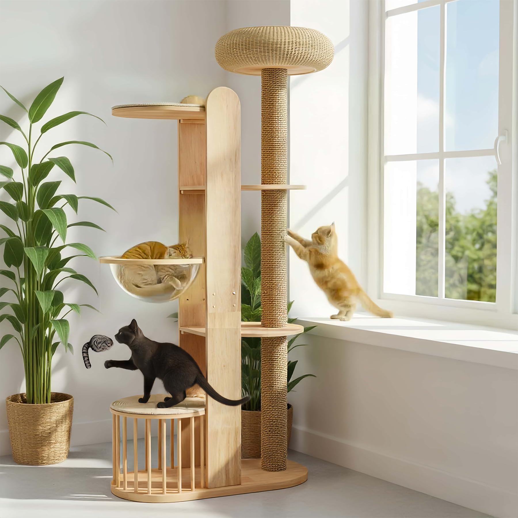 Tiragraffi per Gatti Grandi Alto 190cm Lussuoso in Legno Massello con Palo Sisal Extra Lungo, Cuccetta Intrecciata, 3 Piattaforme per Saltare e Capsula Spaziale,Gatti di Taglia Grande e Multi-Gatto