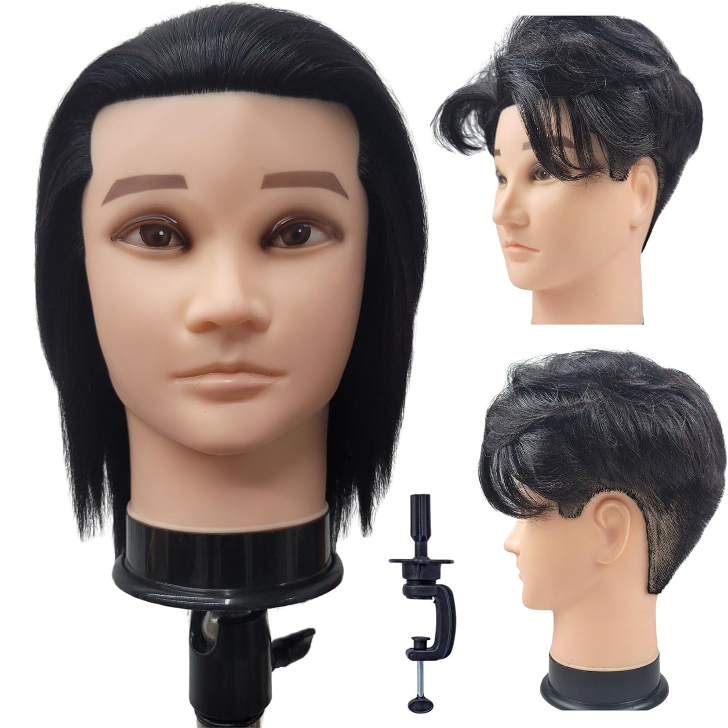 Male Mannequin Head with Human Hair,Barber Practice Mannequin Head for Hair Cutting,Hairstyling,Cosmetology Training Manikin Head with Stand