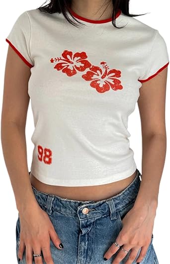 Women Graphic Tees Cute Crop Tops Y2k Crewneck Short Sleeve T-Shirts Teens Summer Tops Casual Streetwear
