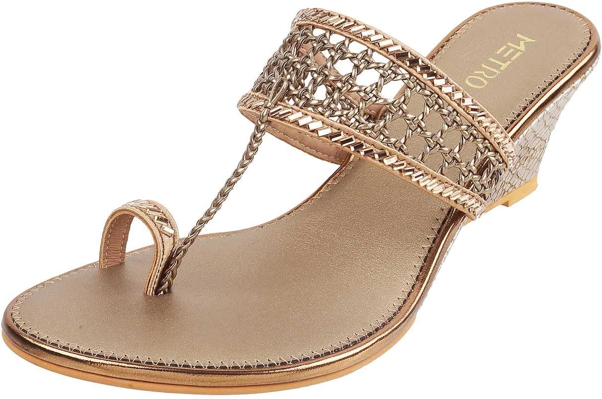 - Women's Gold Ethnic Faux Leather Slip On Fashion Heel Sandals