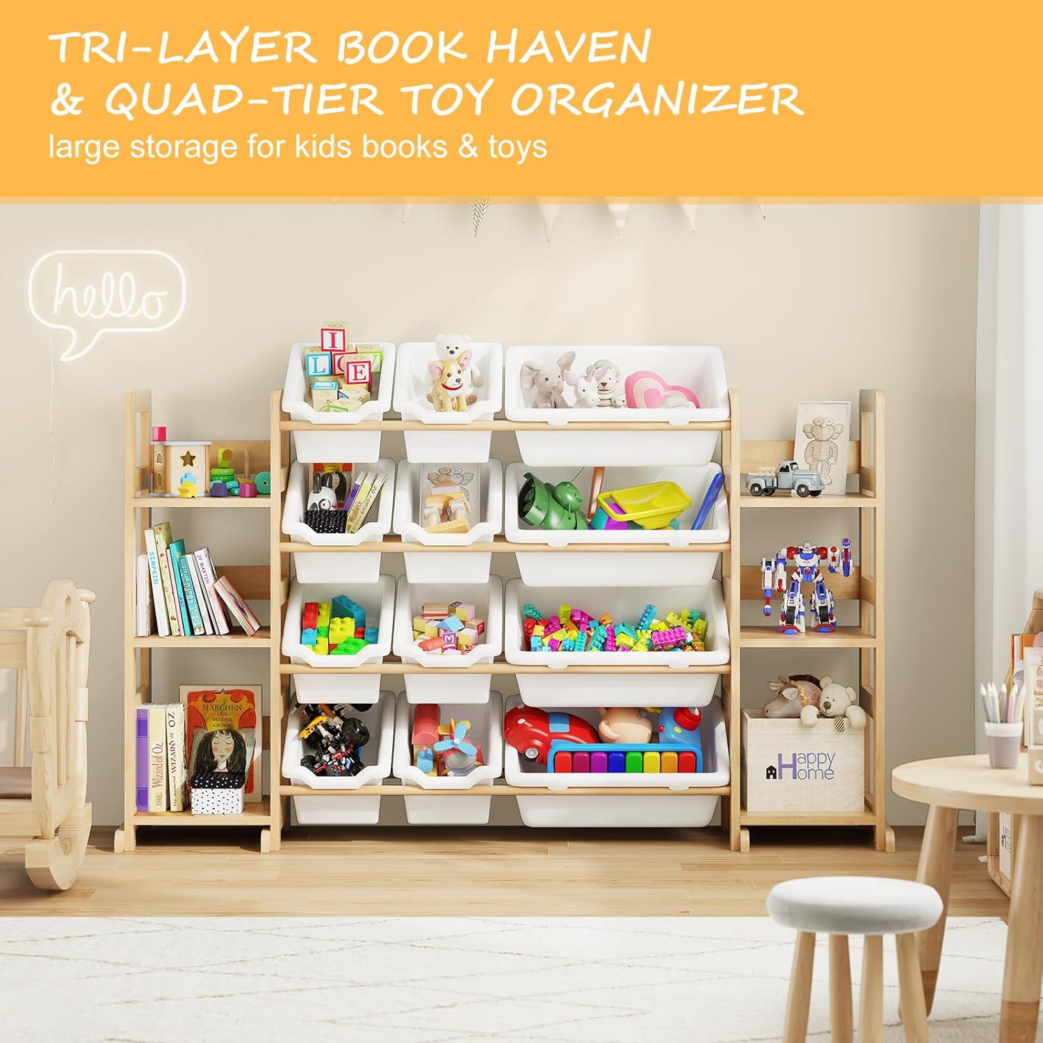 Extra Large Toy Storage - Toy Storage Organizer, Wooden Toy Organizer with 6 Side Shelves and 12 Bins, 3-in-1 Bookshelf for Kids Rooms, Playroom, Nursery, White