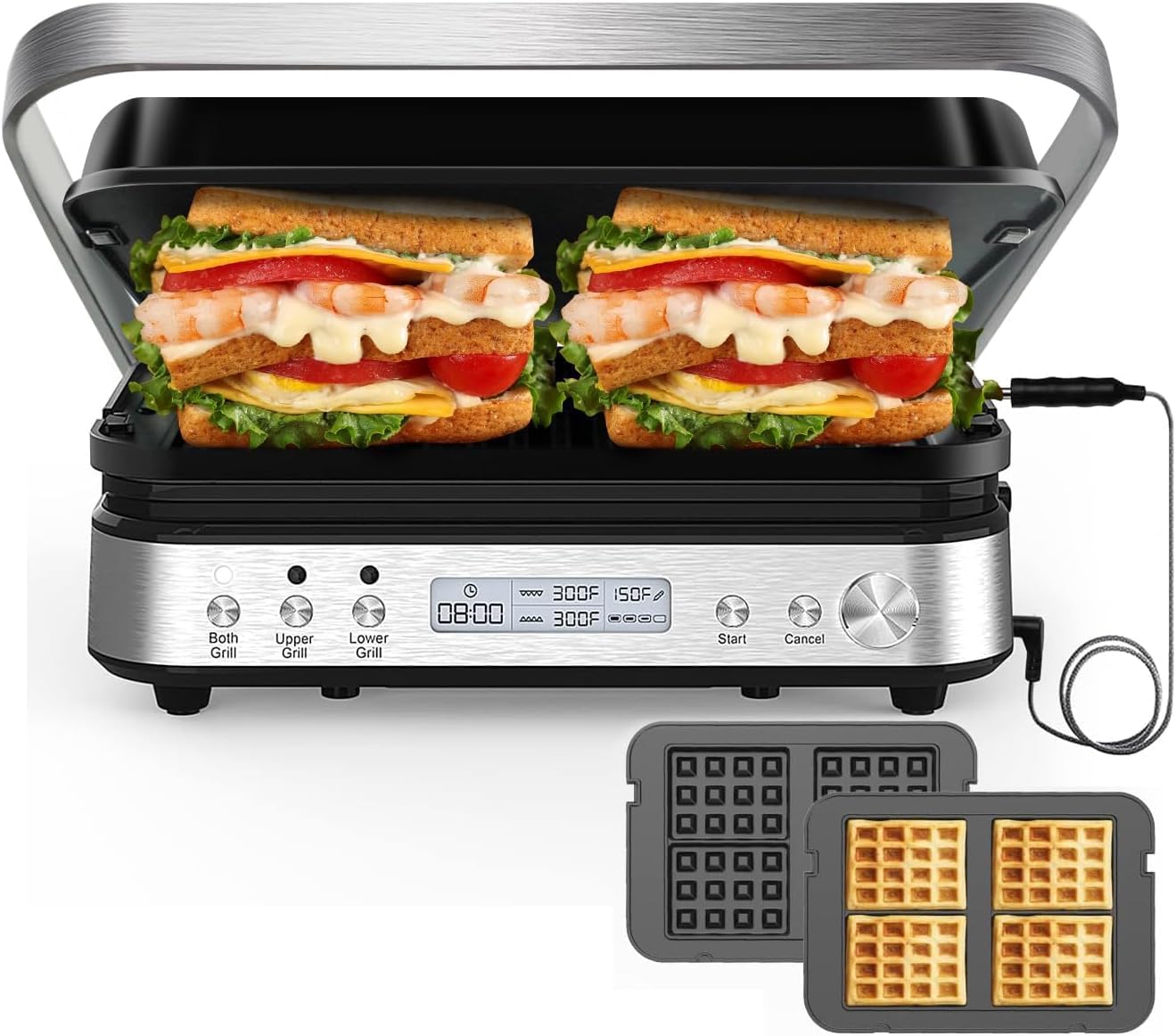 Panini Press Grill Sandwich Maker with Removable Plates, Cattleman Cuisine 6 in 1 Indoor Grill with Meat Thermometer, Electric Contact Grills for Kitchen, Stainless Steel, 1600W 6 in 1 with Waffle plates