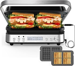 CATTLEMANCUISINE 6-in-1 Panini Press Grill Sandwich Maker, 1600W Indoor Electric Grill with Removable Plates & Meat Thermometer