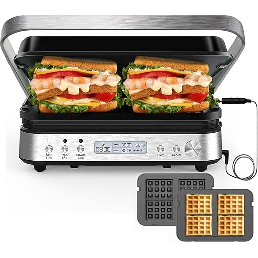 Panini Press Grill Sandwich Maker with Removable Plates, 1600W, 6 in 1 Indoor Grill with Meat Thermometer, Electric Contact Grills for Kitchen, Stainless Steel