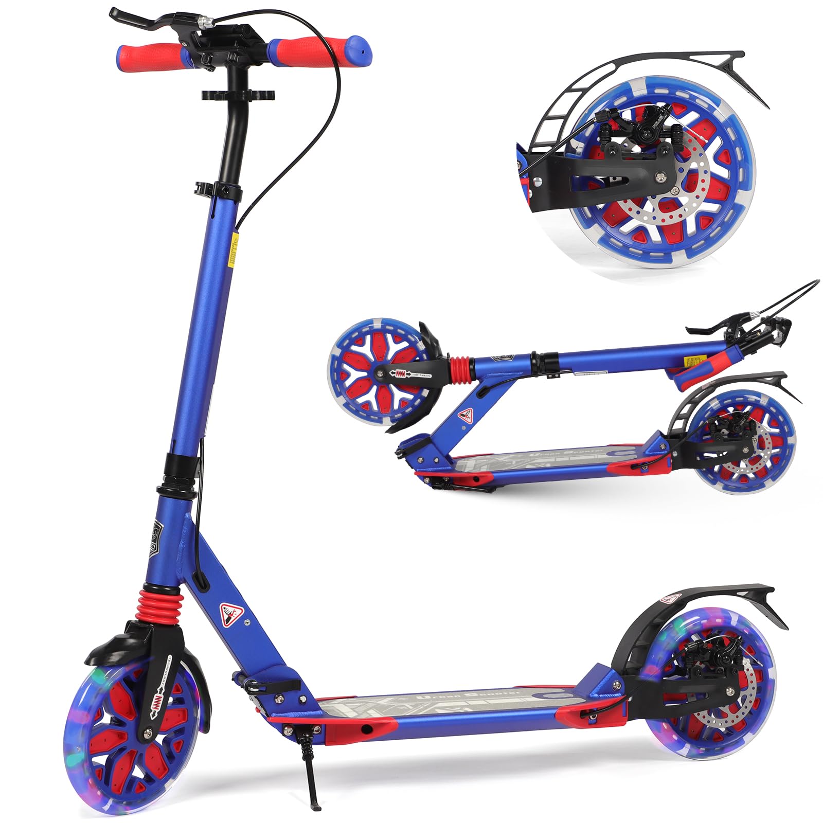 Adult Kick Scooter with Disc Handbrake, Foldable Adjustable City Scooter with Dual Suspension, 200mm Big Wheels Scooter for Kids Ages 8-12 and up (Dark Blue-LED)