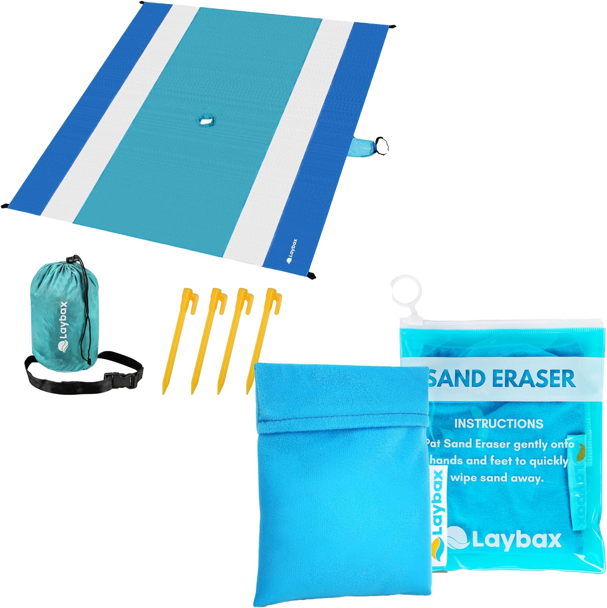 Beach Blanket + Sand Remover Ultimate Beach Essentials Combo Beach Blanket with Umbrella Hole + Refillable Sand Eraser – Beach Accessories, Beach Necessities