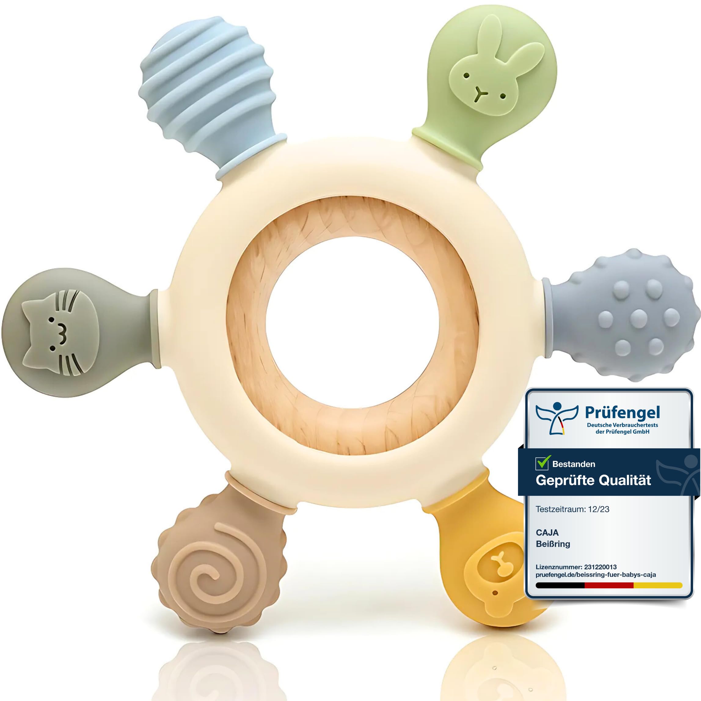 CAJA Beißring Baby BPA freie Zahnungshilfe und Beißspielzeug aus Silikon und Holz Greifring mit Tiermotiv Geschenkidee zur Geburt Sicheres Babyspielzeug für Jungen und Mädchen