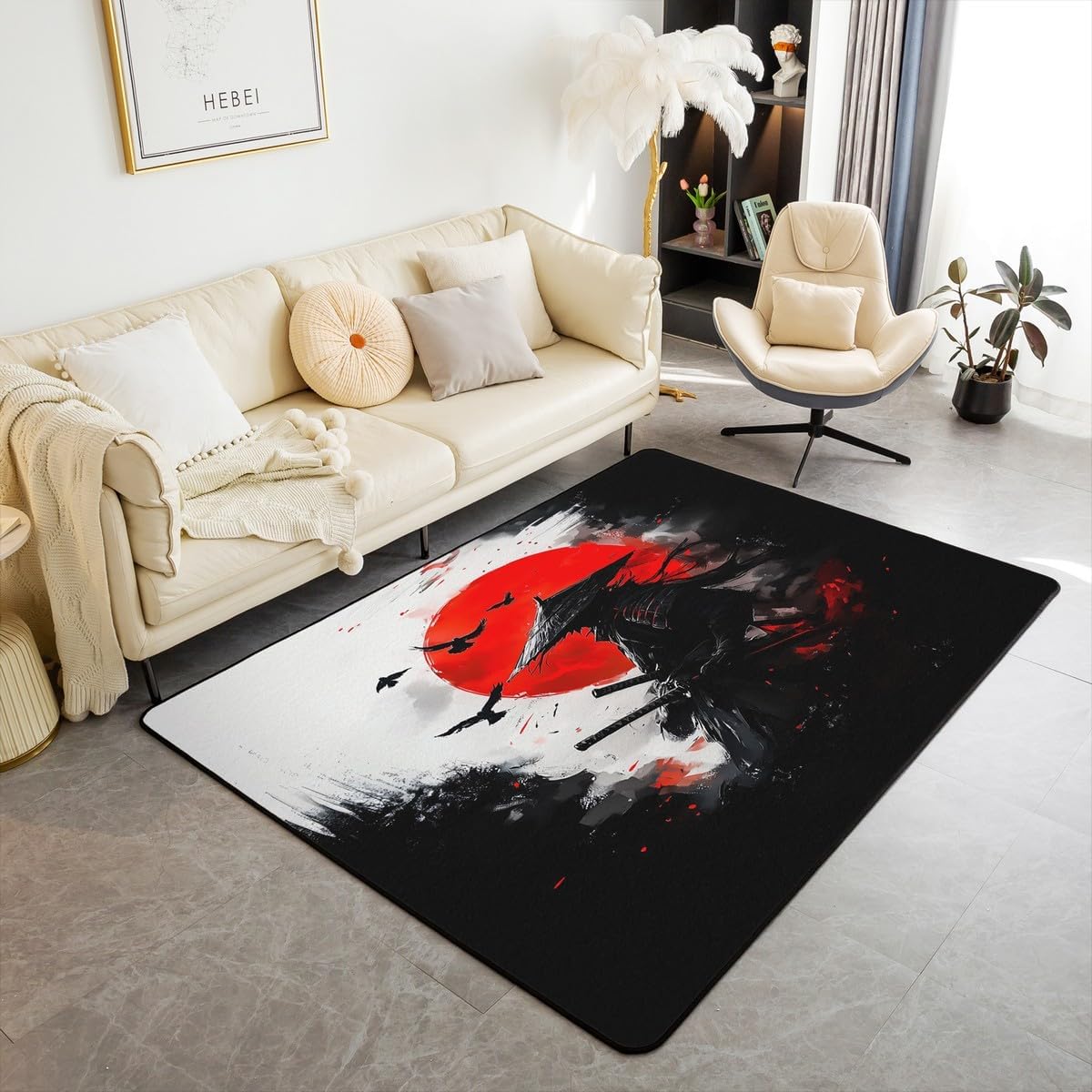 Feelyou Kids Samurai Living Room Rugs Area Rug 5x7, Japanese Style Accent Rug Japanese Ukiyoe Indoor Floor Mat Boys Girls Sunset Teens Decorative Rug Decor