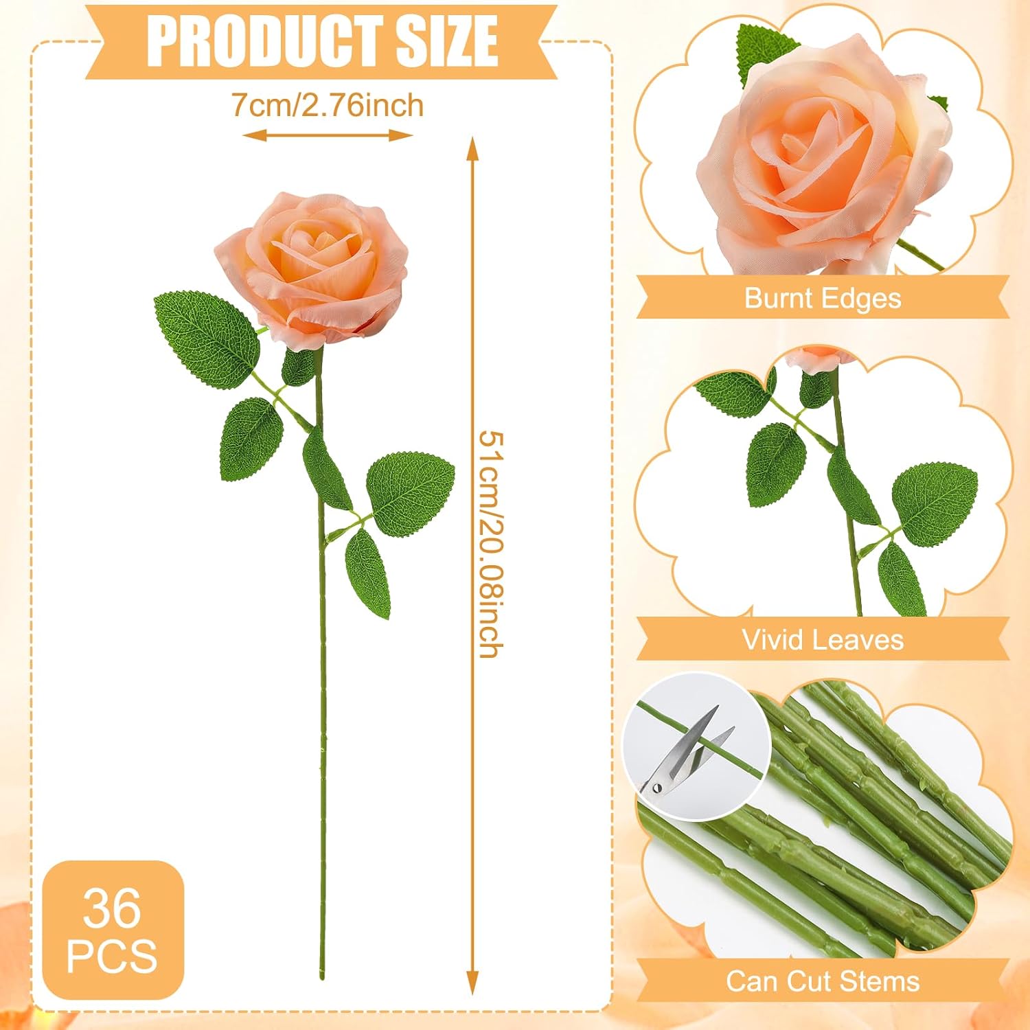 36 Pcs Peach Pink Artificial Roses with Long Stems, Fake Silk Rose Artificial Flowers Bulk for Bridal Wedding Bouquet Centerpiece Ball Arrangement Party Decor