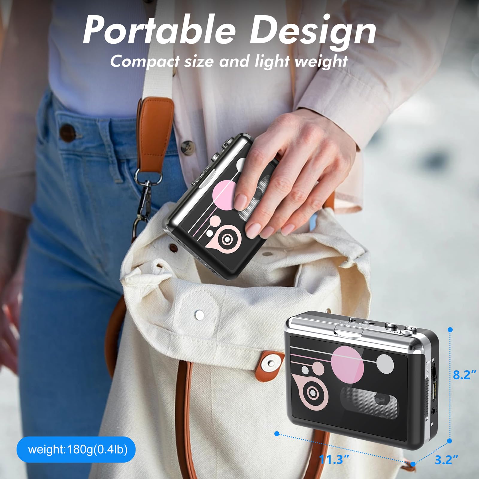 Lettore di Cassette Portatile Convertitore da Cassetta a MP3 USB Digitale con Auricolari